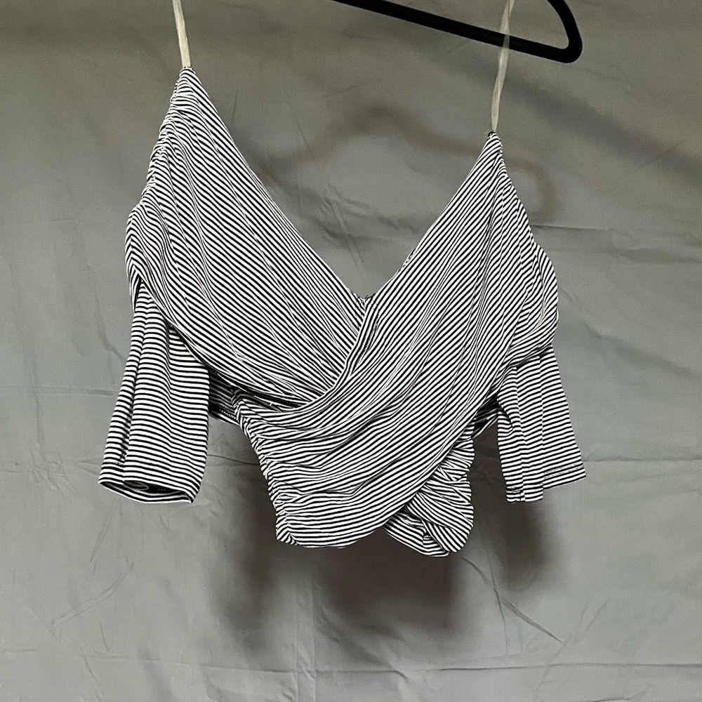Off shoulder, criss-cross, black and white crop top